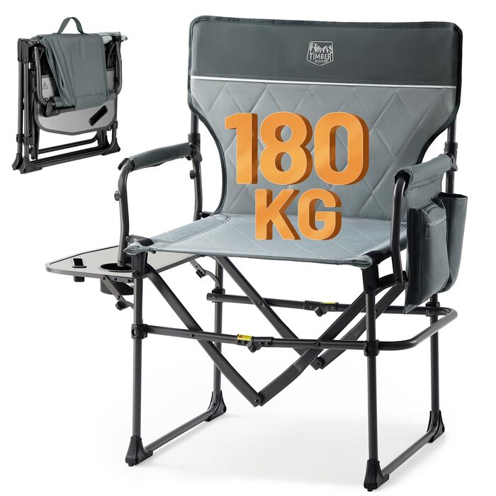 Складане кемпінгове крісло TIMBER RIDGE, вантажопідйомність 180 кг, компактний розмір упаковки, портативне директорське крісло, складне з бічним столиком та бічною кишенею для кемпінгу, газону, спорту та риболовлі, сіре