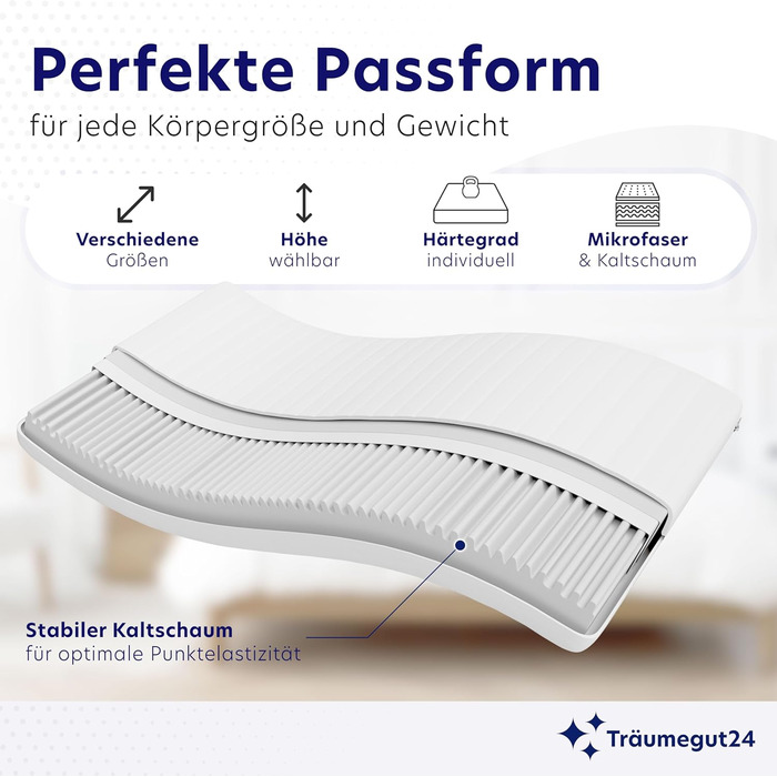 Матрац Trumegut24 AquaFlex 7-зонний 90x200 см H2&H3 Ергономічний матрац з холодної піни Гіпоалергенний та антибактеріальний Знімний та пральний чохол Oeko-TEX (12 см, 90 x 200 см) 90 x 200 см 12 см