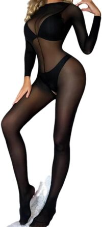 Сексуальний жіночий бодістокінг з прозорої сітки, чорний, довгі рукави, з відкритим доступом в інтимній зоні