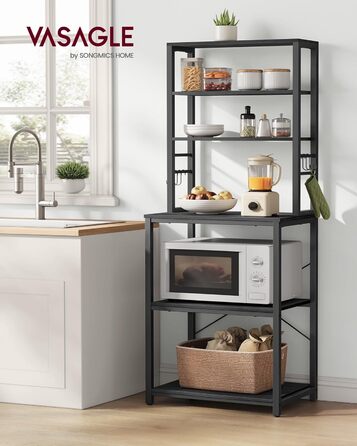 Кухонна полиця VASAGLE, окремостояча полиця, полиця для мікрохвильової печі, 6 полиць, 6 гачків, сталева рама, промисловий дизайн, 40 x 60 x 167 см, антрацитово-сірий - чорний KKS024B22 60B см антрацитово-сірий чорний