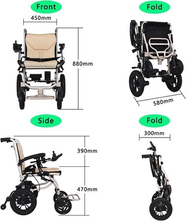 Легке електричне інвалідне крісло для людей похилого віку з обмеженими можливостями, відкривається/складається за 1 секунду, складна мобільна підставка для ніг, важіль спрямування на 360, мобільна літієва батарея, бежева - 88 * 45 см 88 * 45 см бежевий