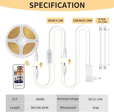 Світлодіодна стрічка COB тепла біла 5 м, світлодіодна стрічка з регулюванням яскравості 24 В 3000 К, світлодіодна стрічка самоклеюча водонепроникна IP44, Світлова стрічка з блоком живлення та контролером для нижньої стільниці, Телевізор Кухня Вітальня Сві