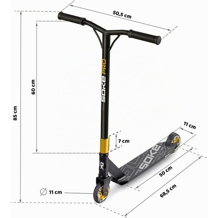 Трюковий самокат SOKE Stunt Scooter PRO з підшипниками ABEC 9 для дорослих та дітей, Freestyle Cityroller, чорно-золотий, навантаження до 100 кг