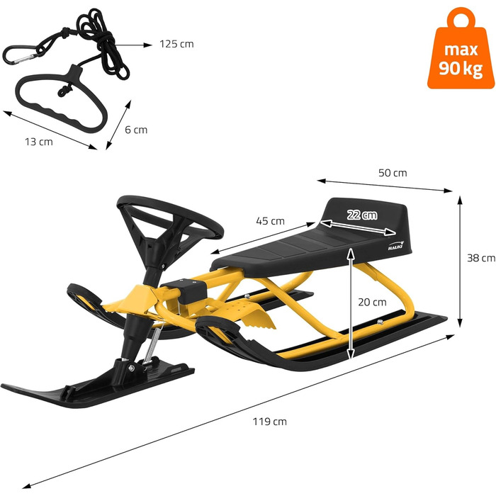 Німеччина Санки з кермом, дитячі санки від 5 років, скібоб для дітей та дорослих до 90 кг, санки з кермом, ножні гальма, тяговий т