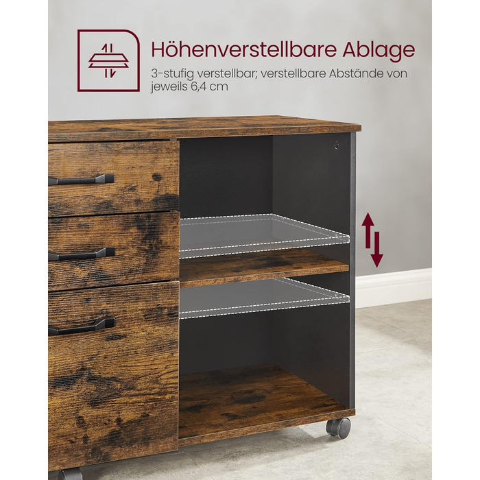Мобільна картотечна шафа VASAGLE з 3 шухлядами та коліщатками, відкриті відділення, для документів формату DIN A4 та Letter, підставка для принтера, промисловий дизайн, вінтажний коричнево-чорний OFC041B01 Вінтажний коричневий чорний