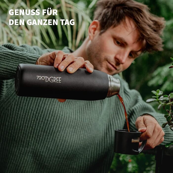Термос 720DGREE з чашкою 1 л Follow 3 розміри, зберігає температуру 12 годин, холодну 24 години, герметична, без BPA термопляшка з нержавіючої сталі, ізольована для кави, чаю на роботі, в школі, в дорозі 1000 мл, чорний онікс міцний матовий чорний