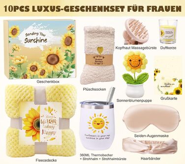 Подарунки LIVEHITOP для жінок, подарунок на день народження для жінок із соняшником, подарунковий набір із 10 предметів із фланелевою ковдрою для мами, сестри, дівчини, День святого Валентина, День матері, Різдво