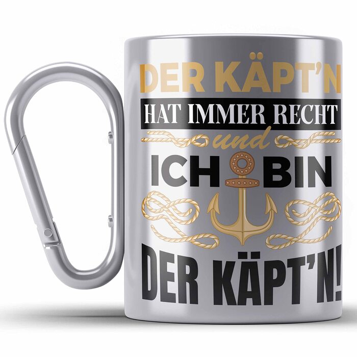 Тренд - Капітанська кружка з нержавіючої сталі з карабіном, подарунок для капітанів, кумедний вислів, човнярі, спортивні човни, чоловіки-моряки, вітрильний спорт, моторні човни (срібло)