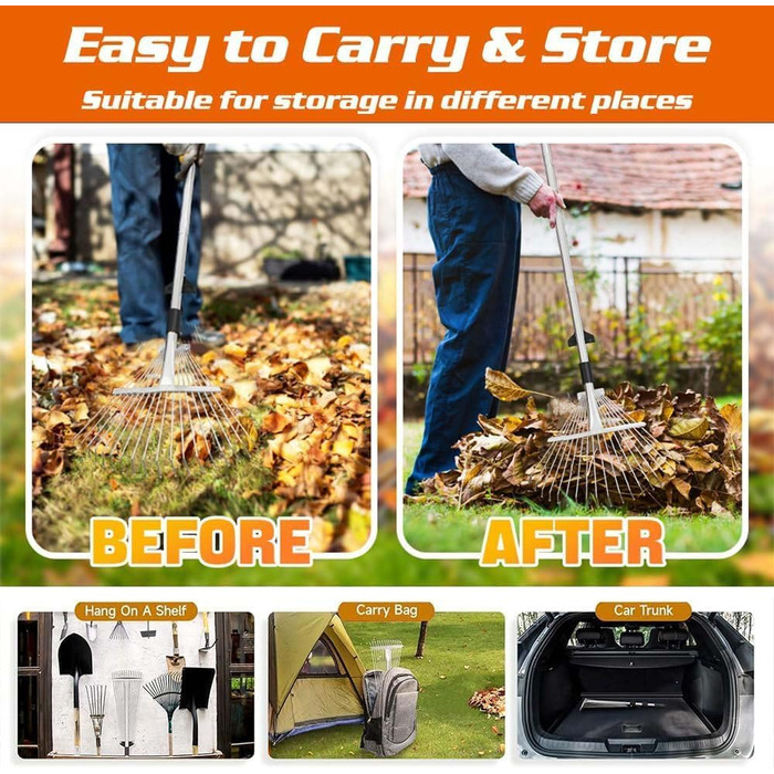 Розширений садовий граблі-віяло 22-44 см з регульованою металевою ручкою 2.15 м та рукавичками, граблі для листя, металеві граблі-віяло, граблі для прибирання листя, трави та двору