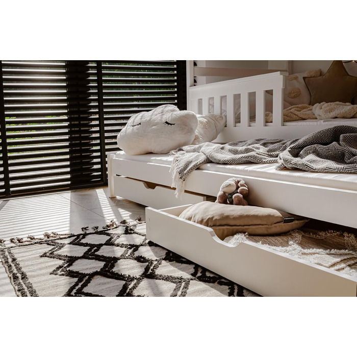 Дитяче колективне ліжко-горище 90x200 з висувним ліжком Двоярусне ліжко з висувною функцією, дві шухляди, решітчастий каркас, захи