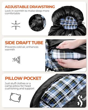Спальний мішок Sportneer для активного відпочинку - Фланелевий зимовий спальний мішок 220 x 85 см, Компактний спальний мішок-ковдра на 3-4 сезони, Холодна погода, Зимовий кемпінг на свіжому повітрі, Чорний