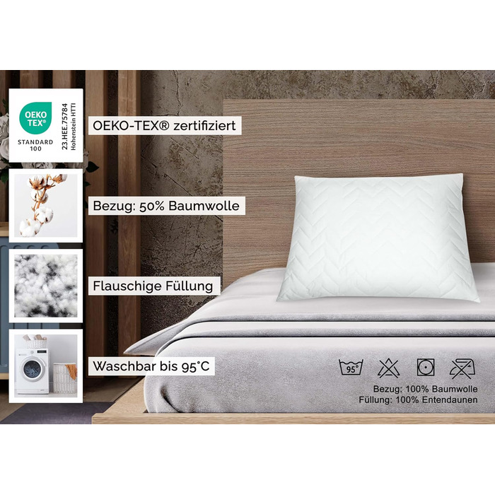 Антиалергенна подушка ZOLLNER із зигзагоподібним стеганням, 60x80 см - наповнювач з поліестеру - дихаючий чохол зі змішаної тканини - можна прати при температурі до 95C - готельна якість, біла, 60 x 80 см