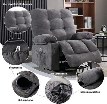 Крісло Bosmiller з функцією відкидання, масажне крісло, велике крісло для телевізора, поворотне на 360, підігрів, регульоване, тканинне крісло, сірий колір