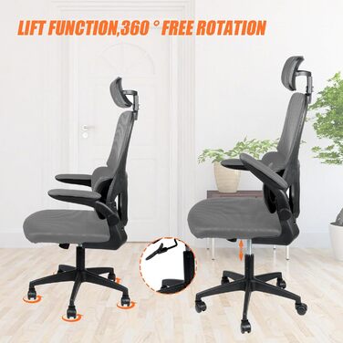 Ергономічне офісне крісло OHMG з дихаючою сітчастою спинкою та сидінням, регульованою по висоті, комп&39ютерне крісло з можливістю нахилу та коліщатками, ігрове крісло, офісне крісло (сіре, 125 x 65,5 x 64 см) Сірий 125 x 65,5 x 64 см