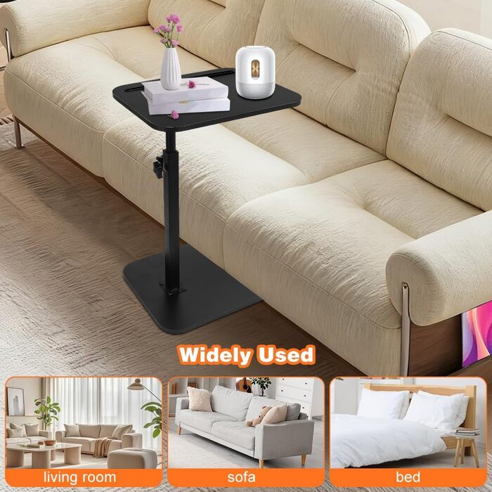 С-подібний бічний столик, поворотний на 360 та регульований по висоті диванний столик, журнальний столик, бічний столик, диванний столик, тумбочка для вітальні, спальні, ванної кімнати, ліжка (чорний)