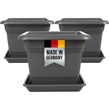 Набір із 3 великих квадратних квіткових горщиків з блюдцями, 28x28 см, великі вуличні кашпо, горщики для помідорів, квіткові горщики, горщики для рослин, квіткові горщики, горщики для рослин, Зроблено в Німеччині, Антрацит, Модель Ago