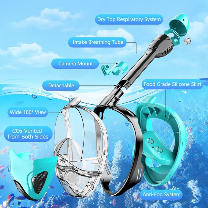 Маска для сноркелінгу, маска для повного обличчя, маска для дайвінгу 180 для дорослих/дітей, комплект для сноркелінгу із захистом від протікання та запотівання