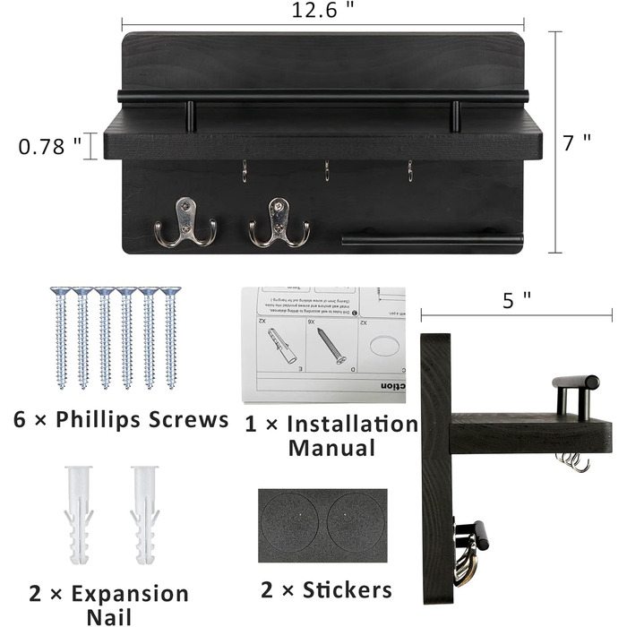 Тримач для ключів на стіну з 5 гачками для ключів, дерев'яна підставка для ключів з полицею настінне кріплення для ключів вішалка