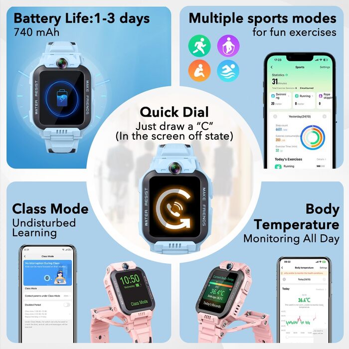 Для дітей з GPS та телефоном, Дитячий Smartwatch з HD відео та голосовими дзвінками, Дитячий GPS-годинник, Водостійкість IPX8 для плавання (Синій, Z7) Синій Z7, 7 Kids Smartwatch, 4G Smartwatch