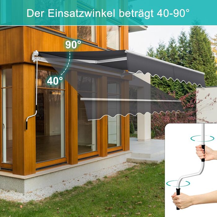 Ручний складаний тент Aufun, балконний тент з алюмінію та поліестеру, висувний сонцезахисний тент з ручним приводом, водонепроникний та стійкий до ультрафіолету для балкону, тераси та використання на вулиці (250x200 см, темно-сірий) 250 x 200 см темно-сір