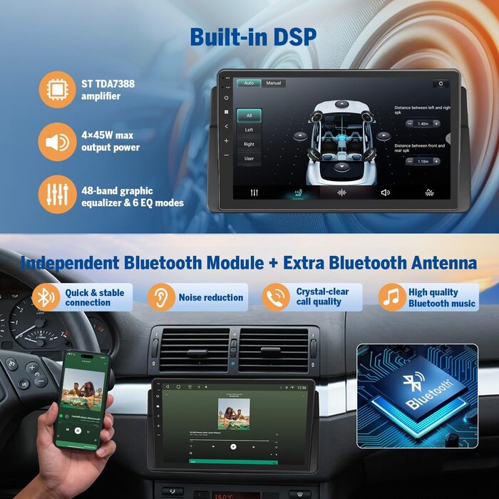 Автомагнітола Eonon, сумісна з BMW E46 1998-2006, Android 14 CarPlay, Android Auto, MirrorLink, GPS 332 ГБ, Bluetooth, вихід USB-RCA, підтримує онлайн-оновлення даних з камери заднього виду, E46X7