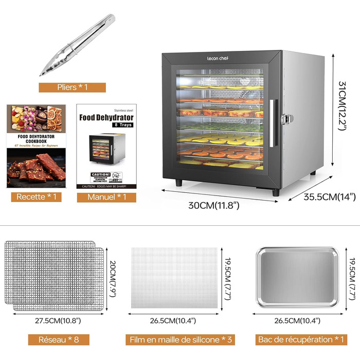 Дегідратор з нержавіючої сталі 8 лотків дегідратора з нержавіючої сталі Дегідратор 35C - 90C Дегідратор Сушарка для їжі 700 Вт з таймером на 24 години