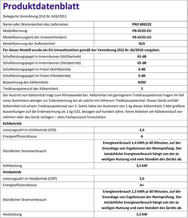 Мобільний кондиціонер Pro Breeze 4-в-1 12000 BTU (розмір кімнати 50) з додатком і Wi-Fi - Мобільний кондиціонер для опалення та охолодження, вентилятор, осушувач - клас енергоспоживання A, витяжний шланг, 24-годинний таймер