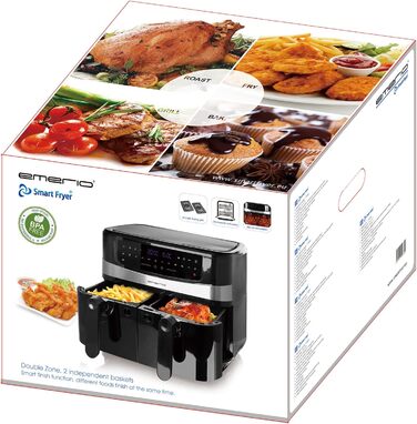 Цифрова ПОДВІЙНА фритюрниця Emerio Фритюрниця Смаження гарячим повітрям без додаткової олії 2 шт. 5,0 л об'ємом 12 програм без бісфенолу А функція SMART FINISH (обидві завершені одночасно) AF-126672.4 2x4.5 літрів