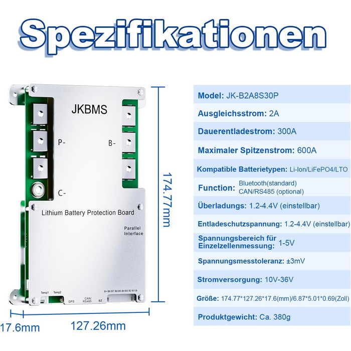 Розумна система керування будинком (BMS) 4S-8S 12V-24V 300A 2A з активним балансуванням, вбудованою платою захисту акумулятора Bluetooth та RS485 для літій-іонних, LiFePO4 та LTO літій-іонних акумуляторних блоків (JK-B2A8S30P) Розумна система керування бу