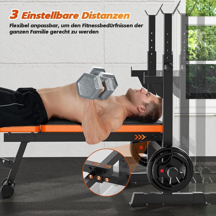 Регульована силова лава XDDIAS для домашнього використання, 6-в-1 горизонтальна/похила лава зі стійкою для присідань, накладкою для згинання рук та розгинанням ніг, лава зі штангою для силових тренувань, вантажопідйомність 350 кг, чорна