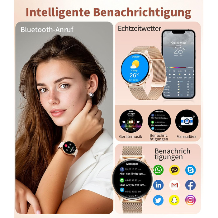 Жіночий смарт-годинник із функцією телефону, 1,32-дюймовий HD AMOLED-дисплей, елегантний наручний годинник для iOS та Android, понад 100 спортивних режимів, фітнес-годинник, крокомір, 24-годинний монітор серцевого ритму, монітор сну, водонепроникність IP6