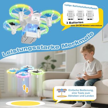 Міні-дрон для дітей – радіокерований літак-дрон з LED-світлом, для віку 6–10 років, для приміщень та вулиці, подарунок на Різдво та день народження для хлопчиків та дівчаток, 3 батарейки, поворот на 360°