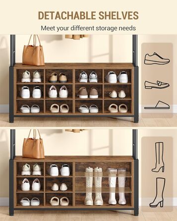 Вішалка для одягу Hzuaneri з лавкою для взуття, шафа з 13 гачками, 14 відкритими відділеннями, регульовані полиці, вішалка для одягу для коридору, вхідної зони, 31 x 108 x 187 см, вінтажний коричнево-чорний HT17901B