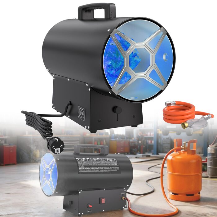 Газовий обігрівач HENGMEI, газовий вентилятор-обігрівач, 30 кВт, будівельний обігрівач, включаючи з&39єднувальний шланг та регулятор тиску газу 700 мбар, площа 450 м, для будівельних майданчиків, вентильованих складських приміщень, гаражів, чорний, 30 кВт