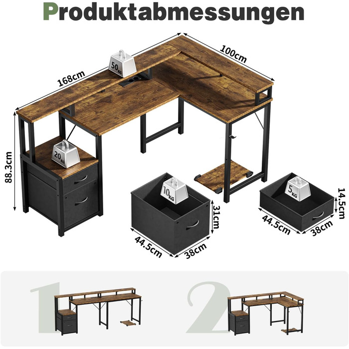 Кутовий письмовий стіл YOUDENOVA з шухлядами, L-подібний, 168x100 см, ігровий стіл зі світлодіодним підсвічуванням, комп&39ютерний стіл з розеткою та портом зарядки USB, офісний стіл, коричневий, 168*100*88,5 см, вінтажний коричневий