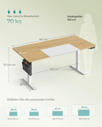 Електричний стіл з регулюванням висоти SONGMICS, 180 x 80 см, колір натуральний дуб матовий білий