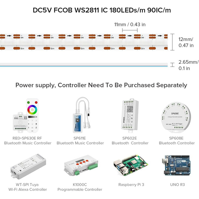 Гнучка світлодіодна стрічка високої щільності COB WS2811 IC LED стрічка 1 м 180 світлодіодів/м 14 Вт/м DC5V IP30 Неводонепроникна кольорова прикраса своїми руками (не контролер вмісту та блок живлення)