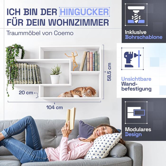 Біла настінна полиця, дерев&39яна книжкова полиця, підвісна полиця, плаваюча полиця для вітальні, спальні та кухні