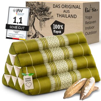 Візерунчаста подушка для спини livasia - 30x50x30 см - Трикутна подушка для саду, клиноподібна подушка з капоком, веганська та ручної роботи, подушка для медитації (зелена)