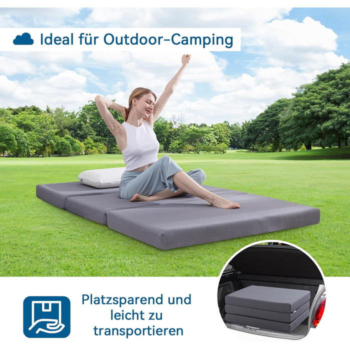 Складаний матрац для гостей з піни з ефектом пам&39яті з чохлом, середньої жорсткості, 75 x 195 x 10 см, сірий Матрац 75 x 195 x 10 см з чохлом