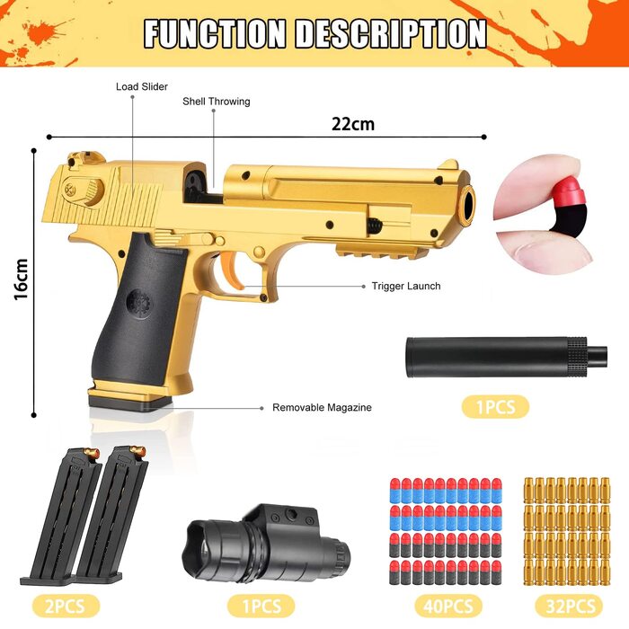 Іграшковий пістолет, Дитяча зброя, Дитяча зброя з набоями, М'який пістолет з кулями, Іграшковий пінопластовий бластер, Іграшковий пістолет, Іграшковий пістолет з кулями Gold/1