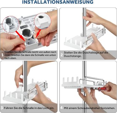 Душова полиця без свердління, телескопічна 32-48 см, душова полиця для підвісного органайзера для ванної кімнати, душова полиця без свердління, стійка для зберігання душової штанги для душової штанги 18-25 мм (біла)