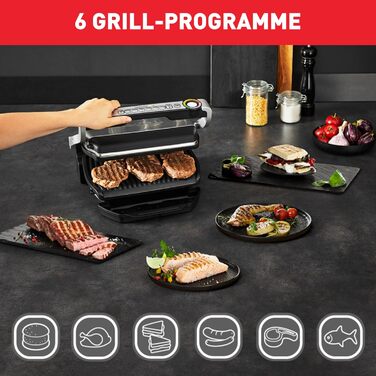 Контактний гриль Tefal OptiGrill, 6 програм, індикатор рівня приготування, знімні пластини, ручний режим, електрогриль, нержавіюча сталь, GC712D12