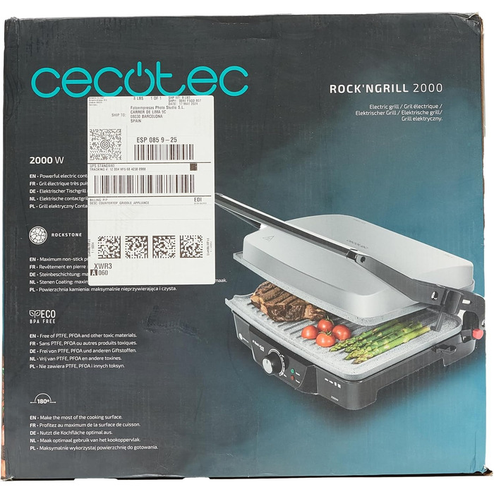 Електричний гриль, антипригарне покриття RockStone, відкривання на 180, регулювання по висоті, варильна поверхня 30 х 23,5 см, 2000 Вт, нержавіюча сталь і пластик, 2000.