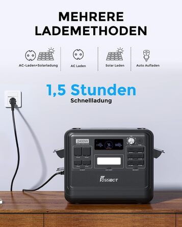 Портативна електростанція FOSSiBOT F2400 з 2048Wh LiFePO4, 3 шт. виходи змінного струму 2400W (4800W пік), сонячний генератор, 230