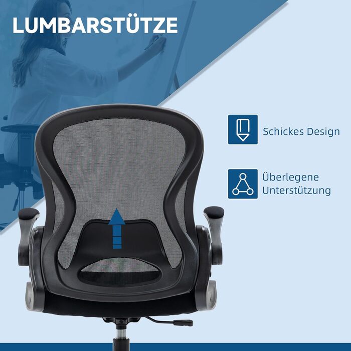 Офісний стілець Vinsetto, ергономічний стілець для малювання з регульованою опорою для ніг, обертовий стілець, робочий стілець з регульованою висотою 102-122 см, колесами та поперековою опорою, чорний