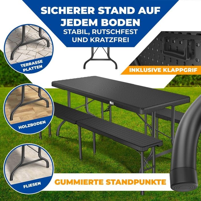 Стіл-фуршет KESSER, складаний, пластик, 183x76 см, вигляд з ротанга, кемпінговий стіл, стіл для вечірки, розкладний стіл, садовий стіл на 6 осіб, сад, патіо та балкон, складаний, в комплекті ручка для перенесення, антрацит