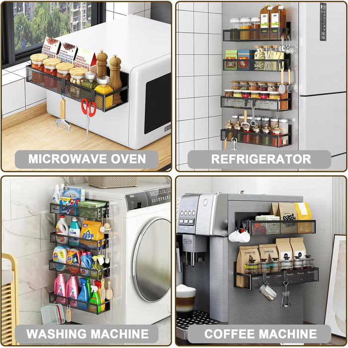 Магнітна полиця для спецій для холодильника, магнітна полиця на 4 шт., магнітний органайзер для холодильника з 8 рухомими гачками, магнітна полиця для холодильника для організації та зберігання на кухні (4 шт.)