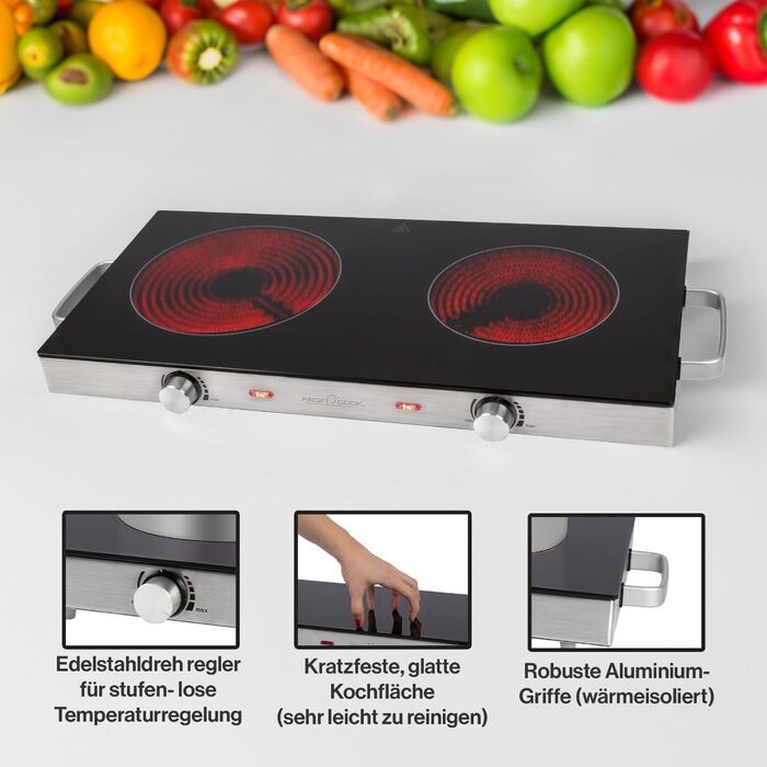 Інфрачервона подвійна конфорка ProfiCook Енергозберігаюча плита з двома варильними поверхнями Варильна поверхня зі стійкого до подряпин склокераміки Варильна плита для всіх типів каструль Подвійна конфорка 2800 Вт ПК-ДКП 1211