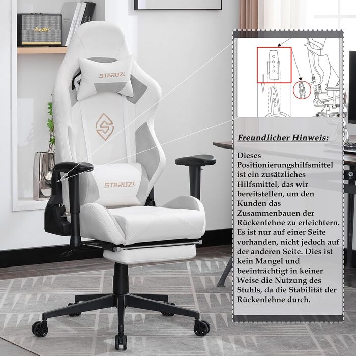 Ігрове крісло, біла шкіра, ігрове крісло з мікрофібри з підставкою для ніг, гоночне ігрове крісло з регульованими підлокітниками, поперекова подушка, підголівник, вантажопідйомність 180 кг, штучна замша - сталеві ніжки, білі